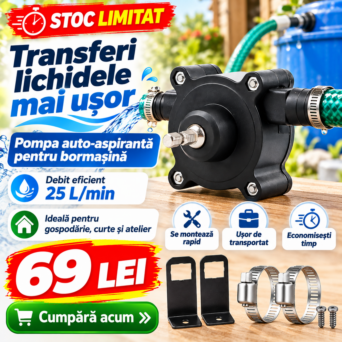 Pompă de Transfer Autoaspirantă pentru Bormașină – 25 L/min