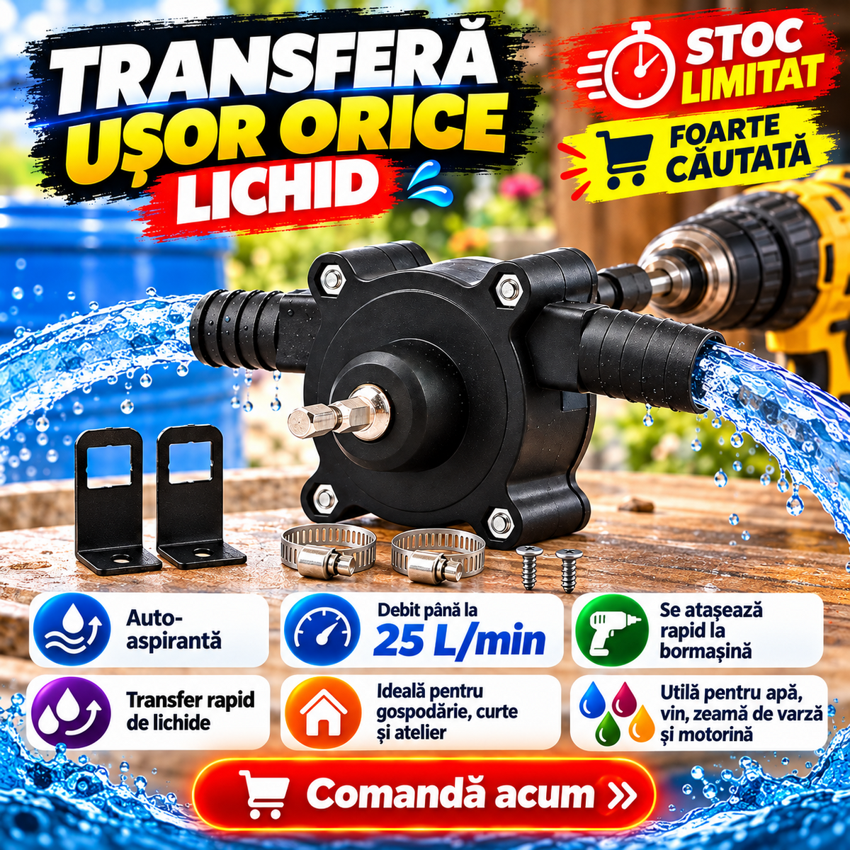 Pompă de Transfer Autoaspirantă pentru Bormașină – 25 L/min