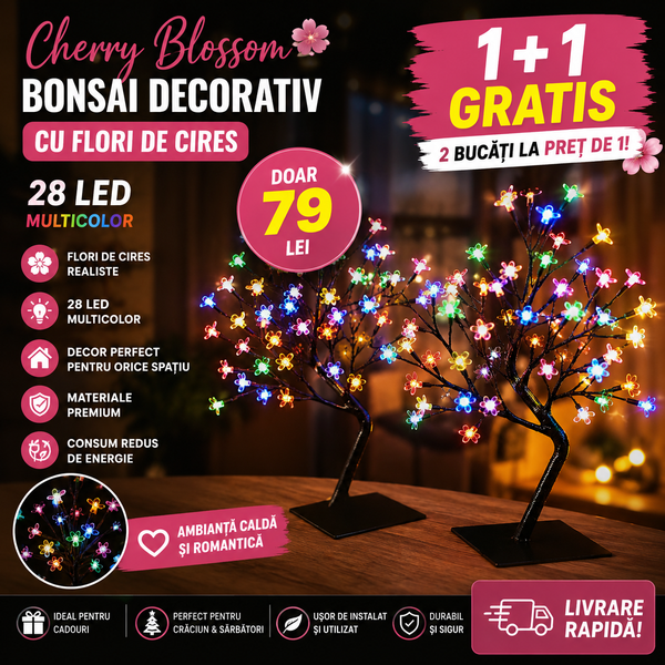 1+1 GRATIS: Bonsai decorativ Cherry Blossom cu Flori de Cires LED - 28 LED Multicolor