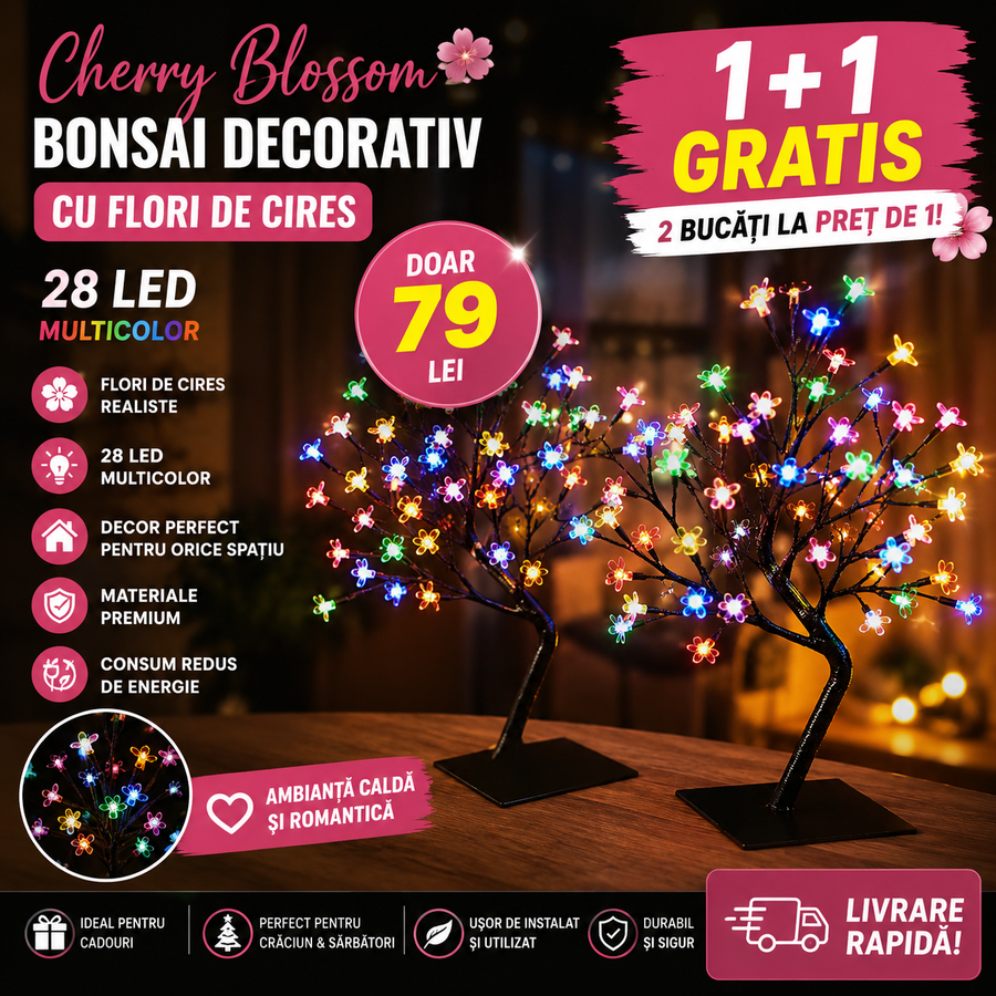1+1 GRATIS: Bonsai decorativ Cherry Blossom cu Flori de Cires LED - 28 LED Multicolor