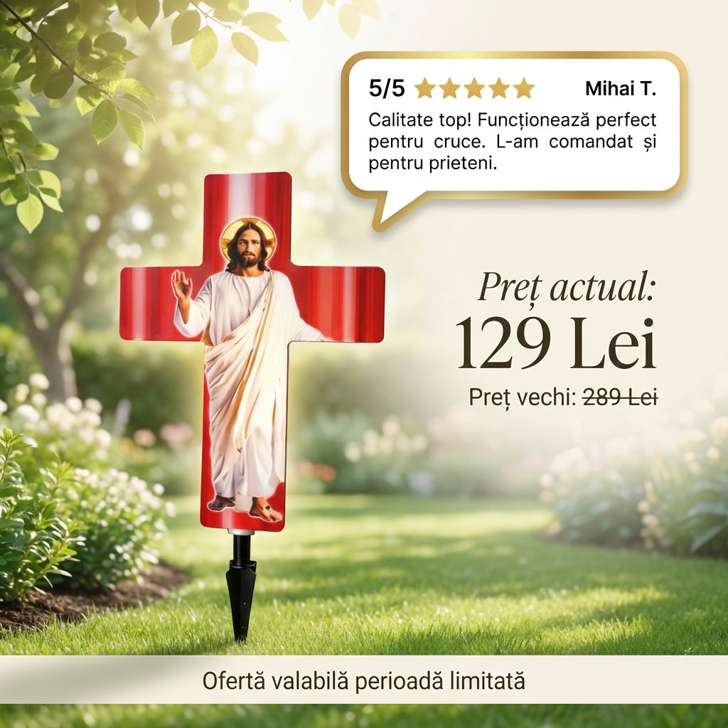 ✝️ Cruce Solara Decorativa LED – Lumina Calda pentru Comemorare si Liniste