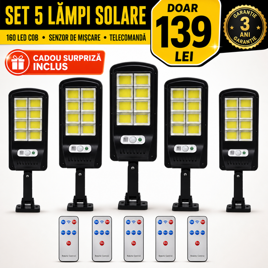 Set 5 Lampi cu Incarcare Solara prin Inductie 160 LED-uri COB, telecomanda + CADOU SURPRIZA inclus