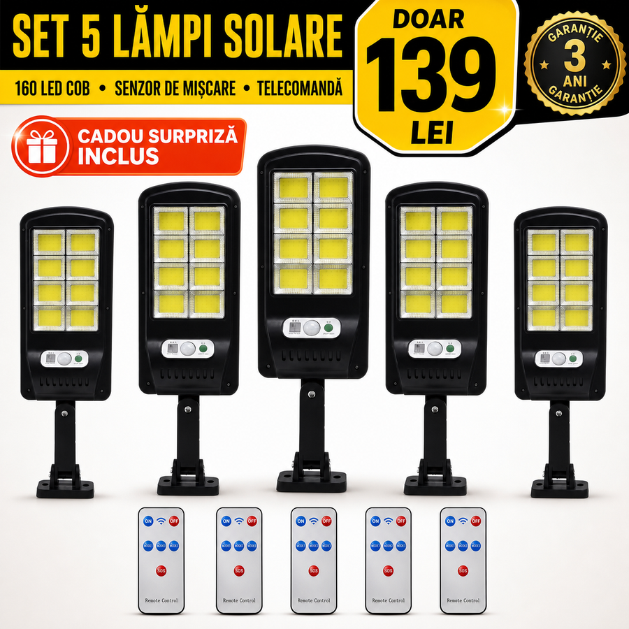 Set 5 Lampi cu Incarcare Solara prin Inductie 160 LED-uri COB, telecomanda + CADOU SURPRIZA inclus
