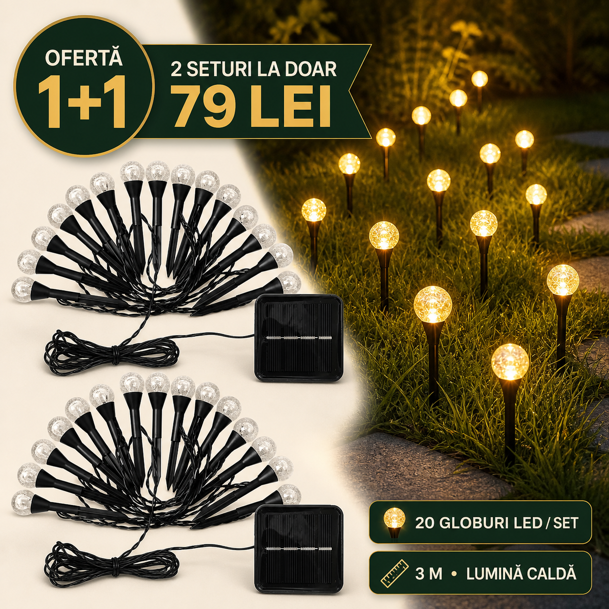 1+1 GRATIS - Instalatie Solara de Grădină cu 20 Globuri LED 3m rezistenta la Intemperii si Inghet