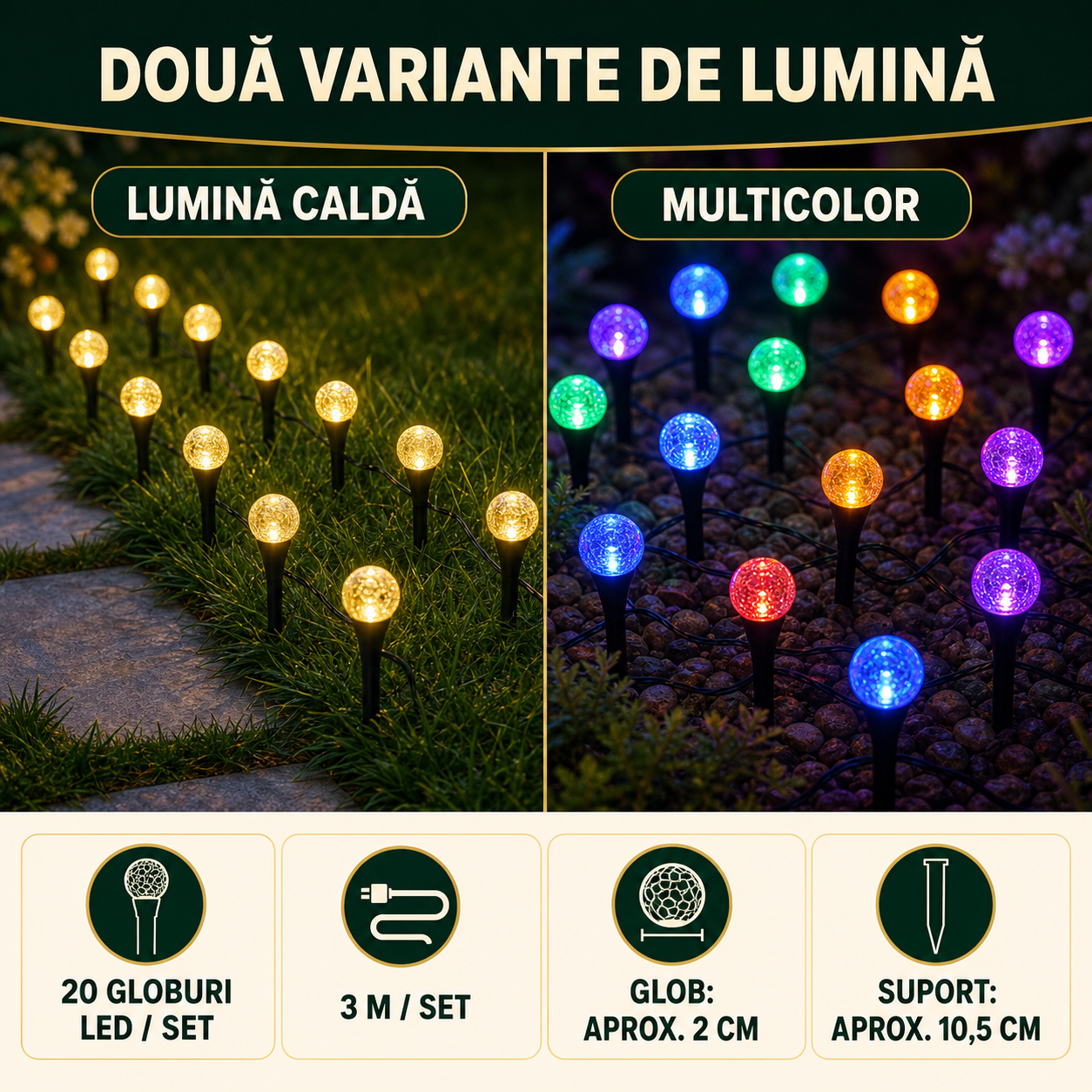 1+1 GRATIS - Instalatie Solara de Grădină cu 20 Globuri LED 3m rezistenta la Intemperii si Inghet
