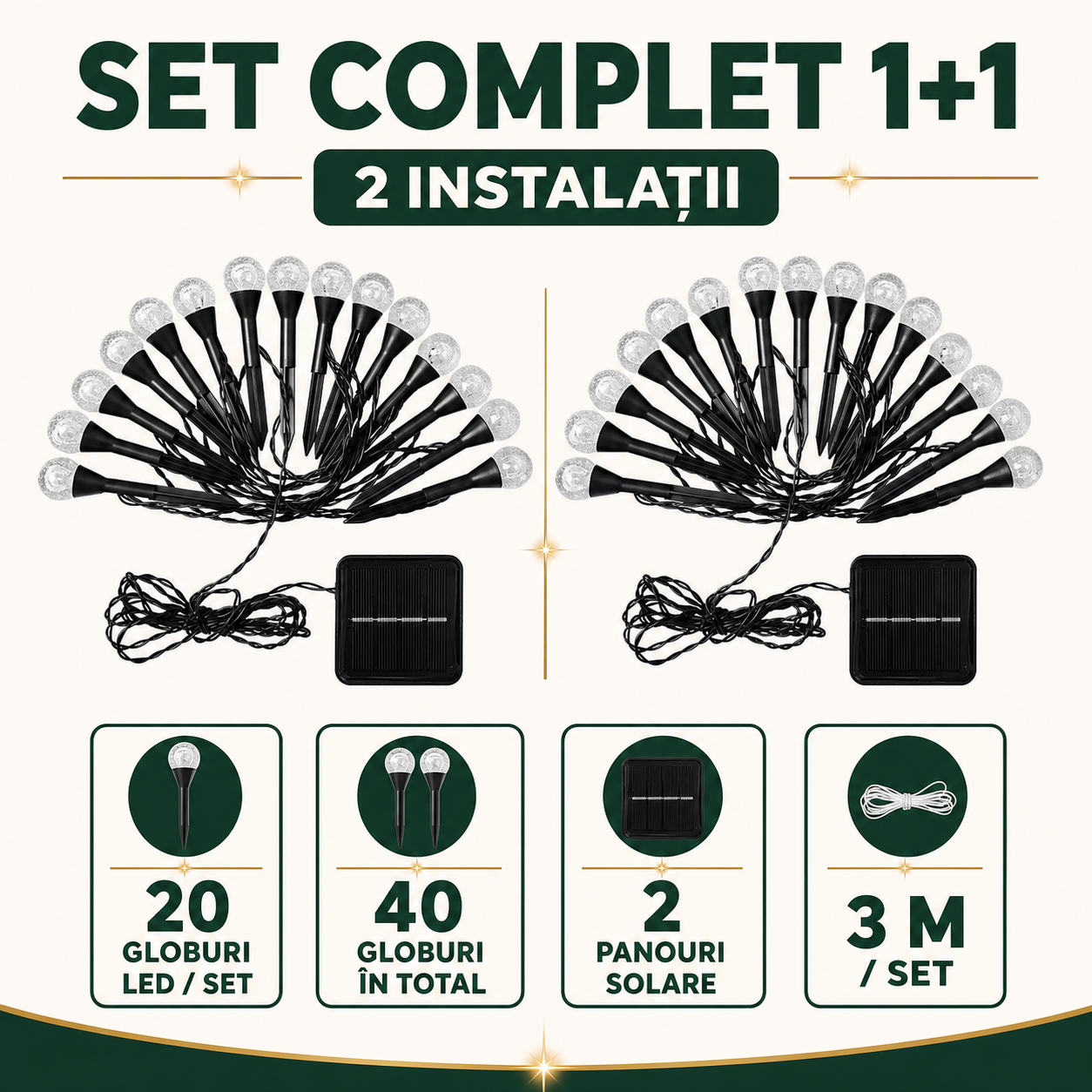 1+1 GRATIS - Instalatie Solara de Grădină cu 20 Globuri LED 3m rezistenta la Intemperii si Inghet
