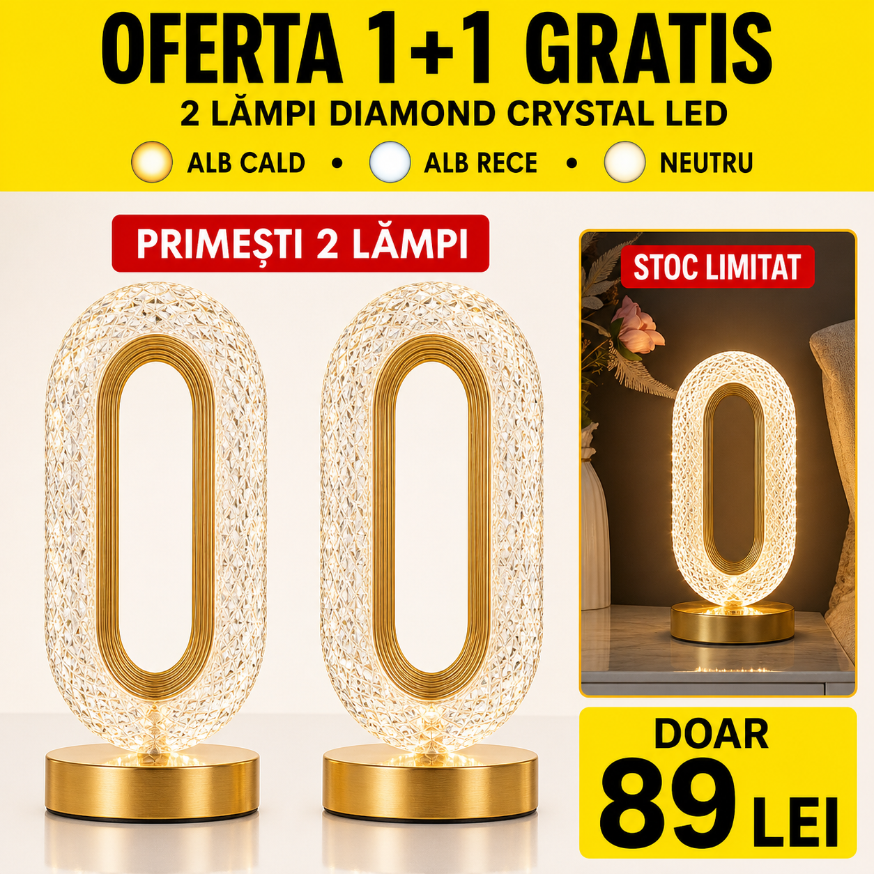 1+1 GRATIS! Lampa Diamond  LED cu 3 temperaturi de culoare, alb rece, alb cald, neutru, culoare auriu