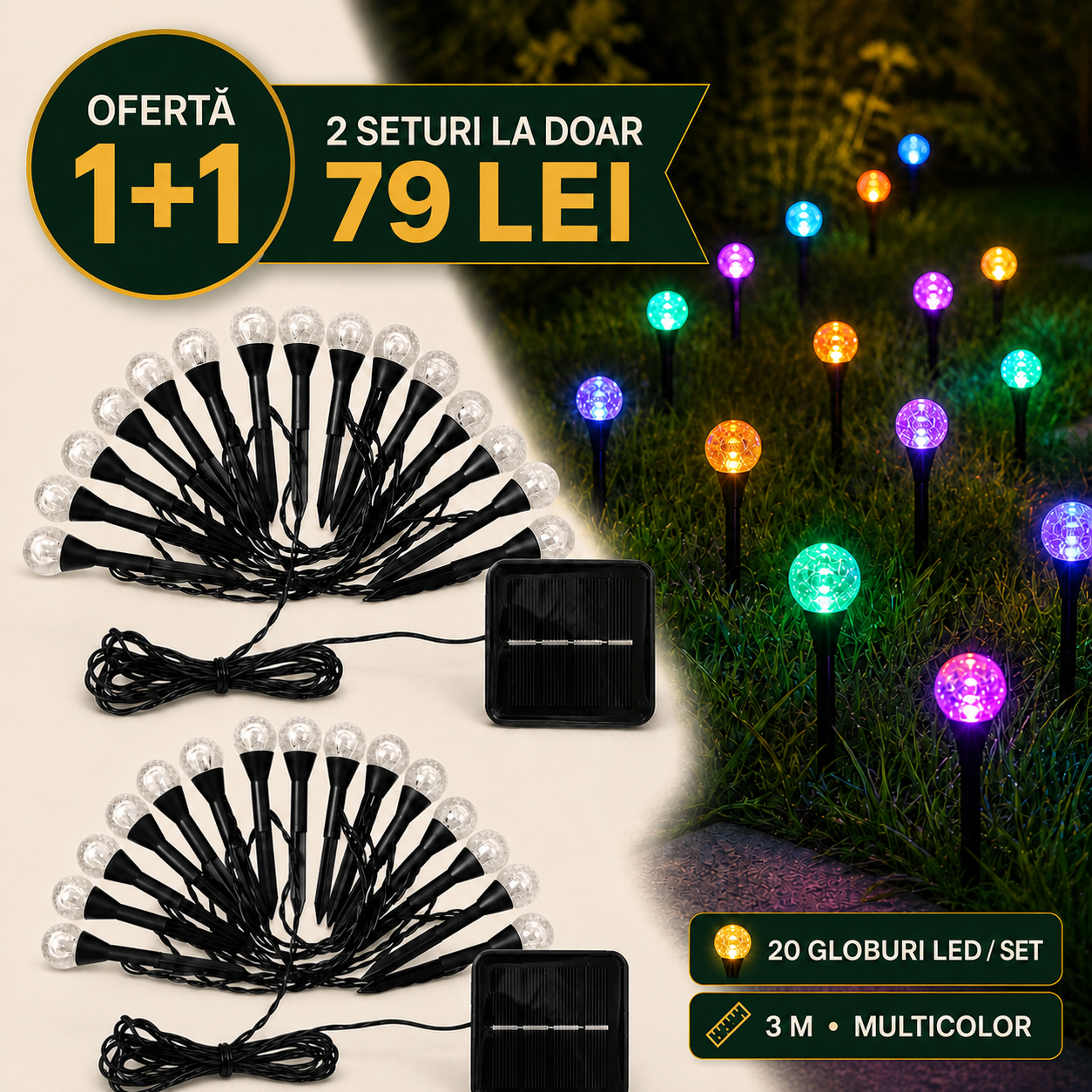 1+1 GRATIS - Instalatie Solara de Grădină cu 20 Globuri LED 3m rezistenta la Intemperii si Inghet