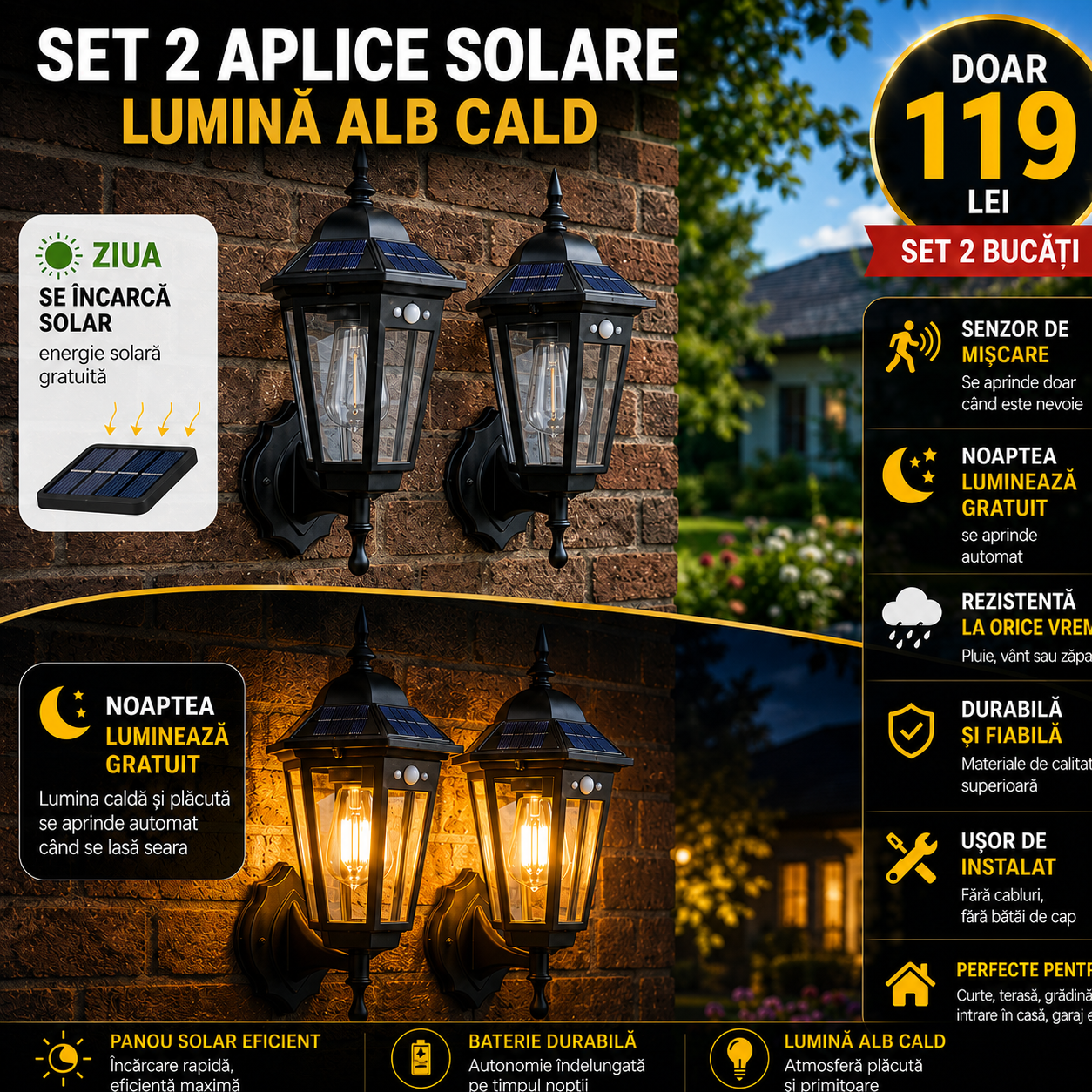 Set Aplice Solare de Perete Vintage cu Senzor de Mișcare, 3 Moduri, Lumină Alb Cald