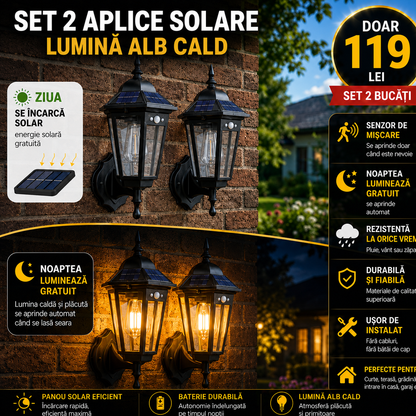 Set Aplice Solare de Perete Vintage cu Senzor de Mișcare, 3 Moduri, Lumină Alb Cald