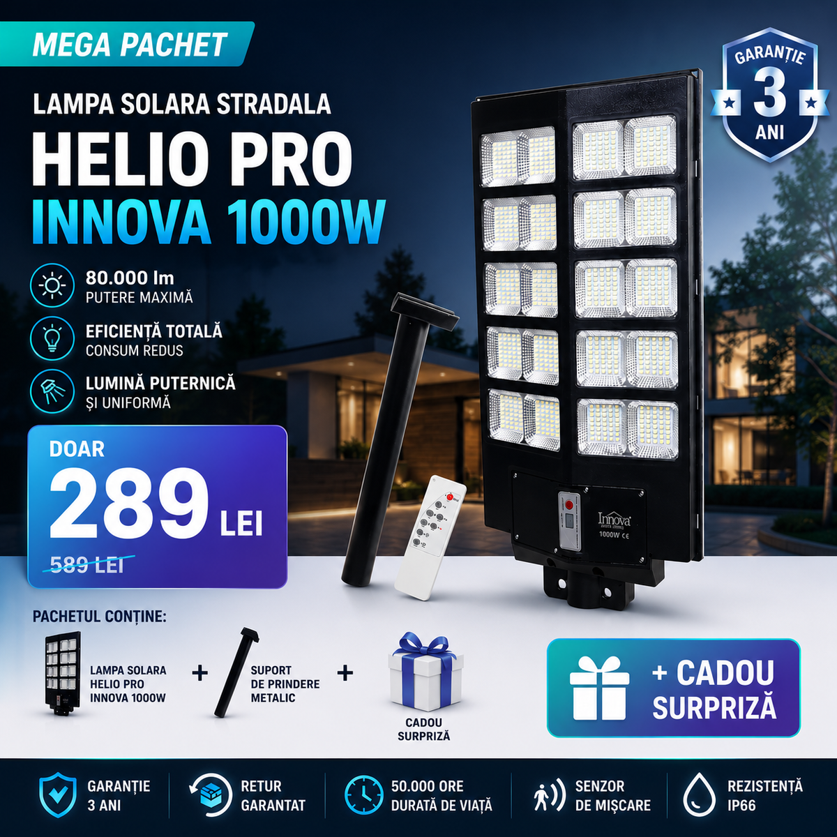 Lampa Solara Stradala Helio PRO Innova 1000W – LED 80 000 lm, Senzor Miscare, Senzor Lumina IP66, Telecomanda & Suport Prindere + Cadou Surpriza