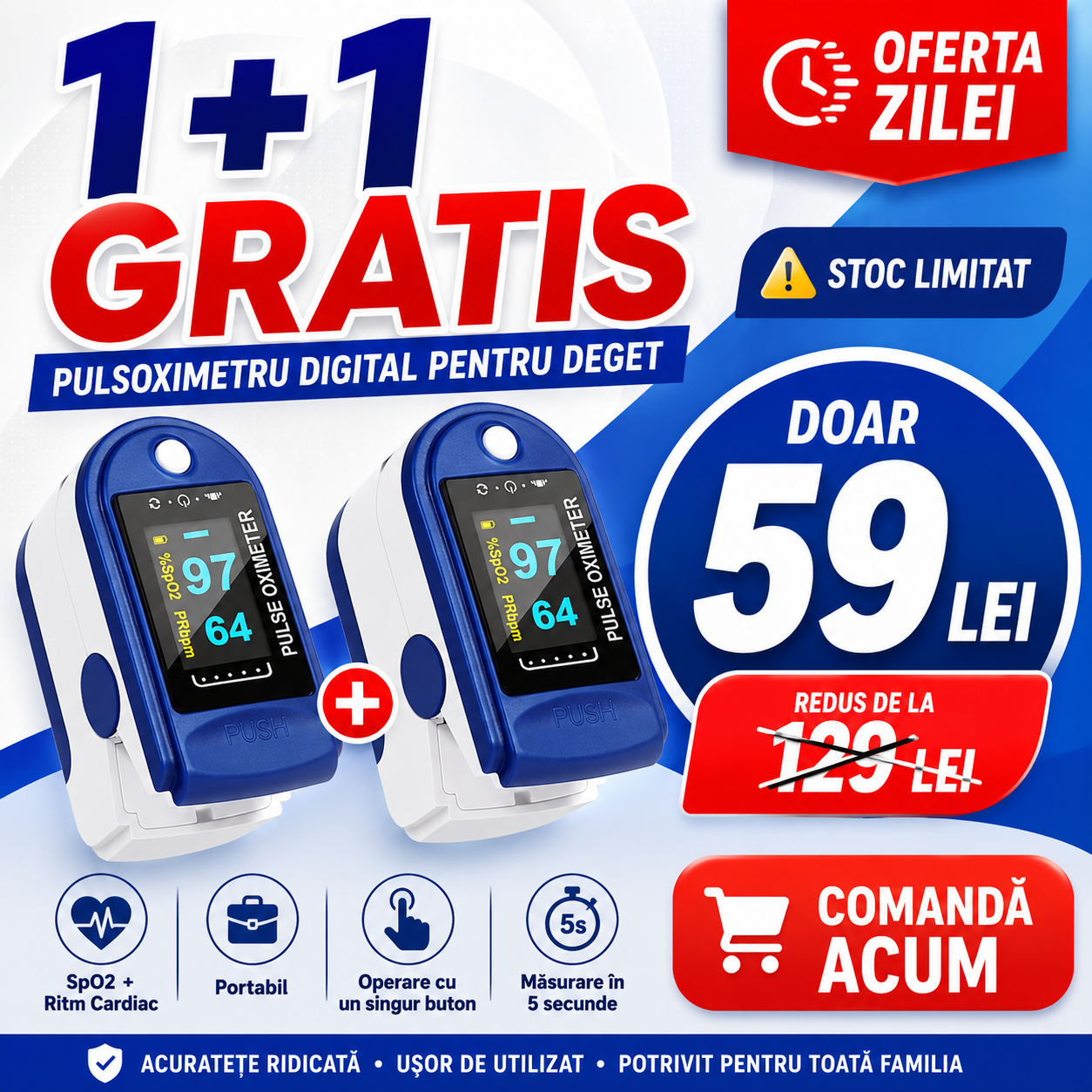 OFERTA 1+1 PULSOXIMETRU Digital pentru Deget