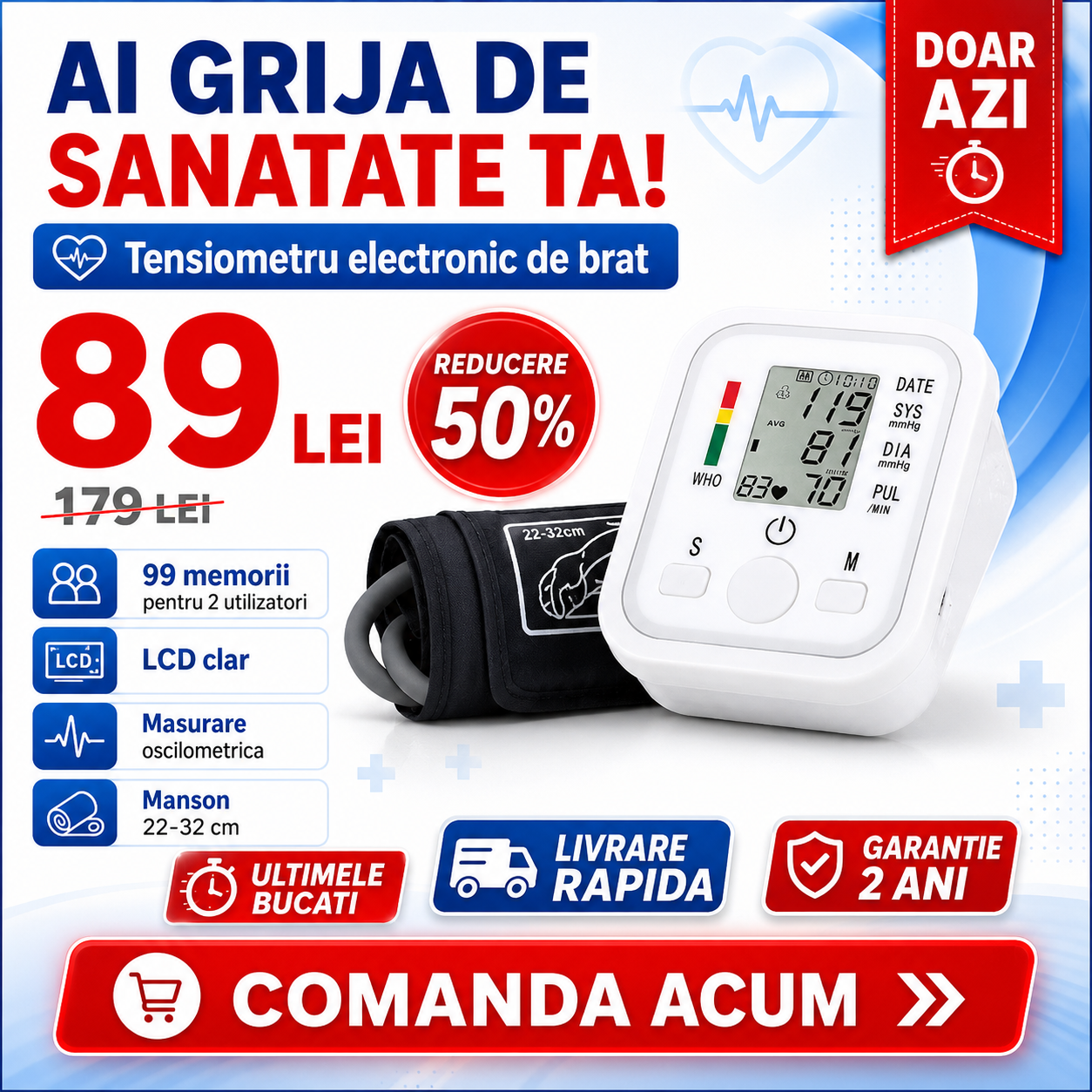 TENSIOMETRU electronic de brat, masurare cardiaca automata