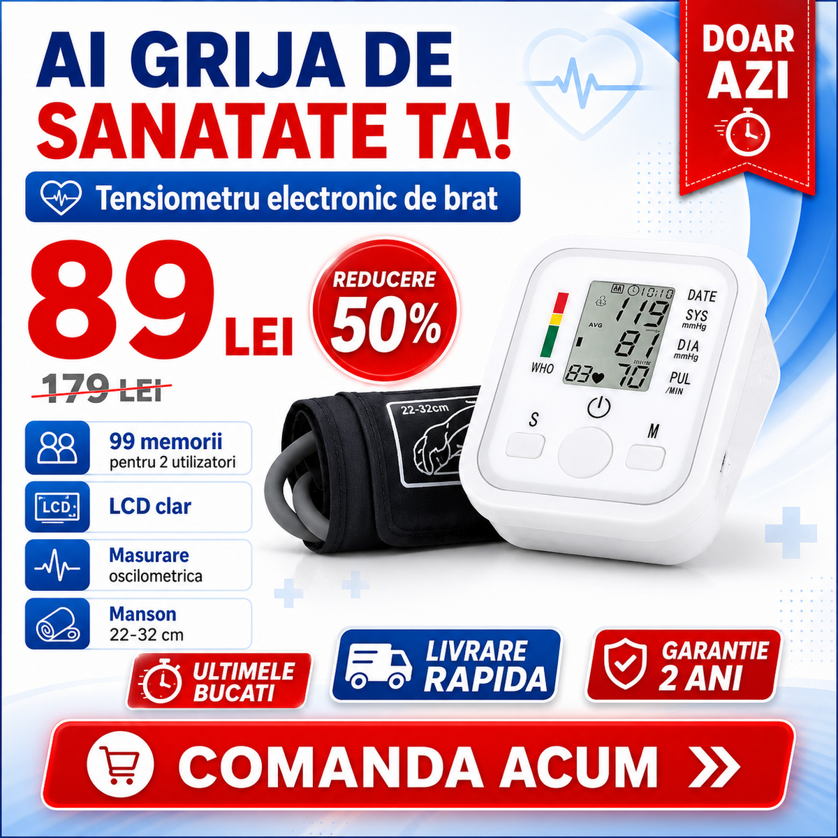 TENSIOMETRU electronic de brat, masurare cardiaca automata