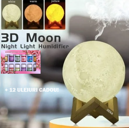 Lampă de Veghe 3D Moon iNOV cu Umidificator de Aromaterapie – Atmosferă Relaxantă și Aer Purificat + 12 Esente Cadou