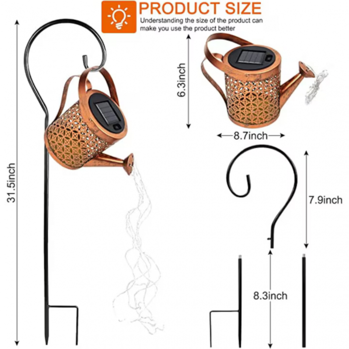 Set 2x Lămpi Solare LED Tip Stropitoare cu Stele, Fier Forjat, Design Retro, Proiecție Lumină Caldă, IP65, 80 cm