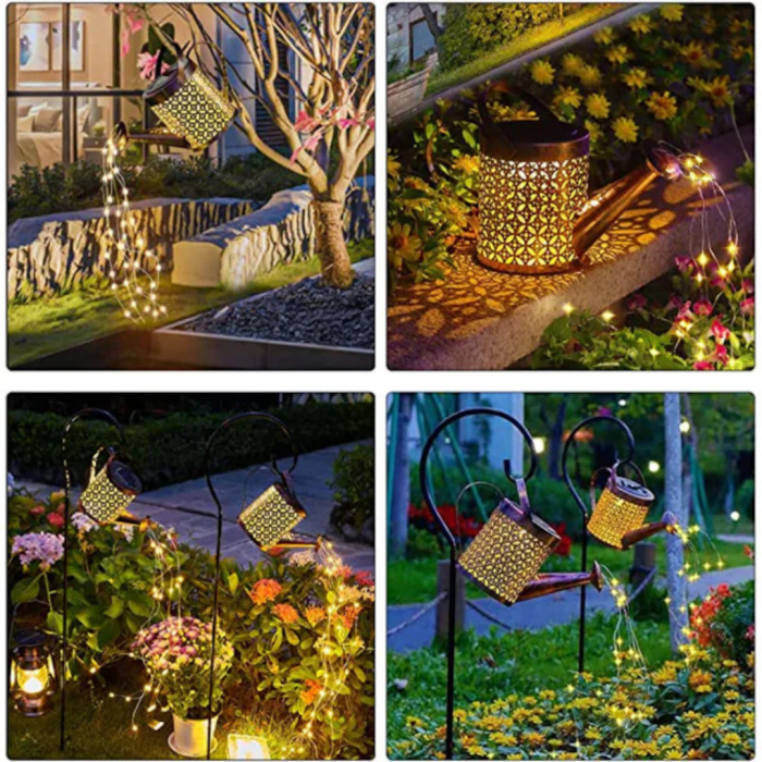 Set 2x Lămpi Solare LED Tip Stropitoare cu Stele, Fier Forjat, Design Retro, Proiecție Lumină Caldă, IP65, 80 cm