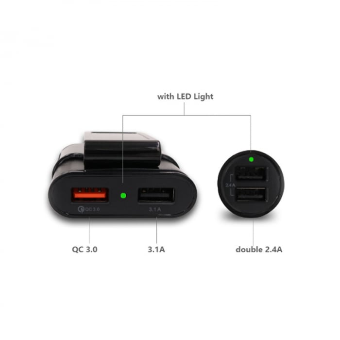 Pachet 1+1 Incarcator auto, 4 in 1, 12V/32V USB QC3.0, 40W, cablu de 1,7 m