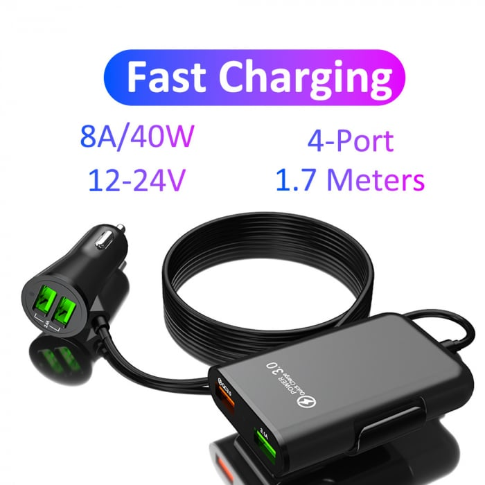 Pachet 1+1 Incarcator auto, 4 in 1, 12V/32V USB QC3.0, 40W, cablu de 1,7 m