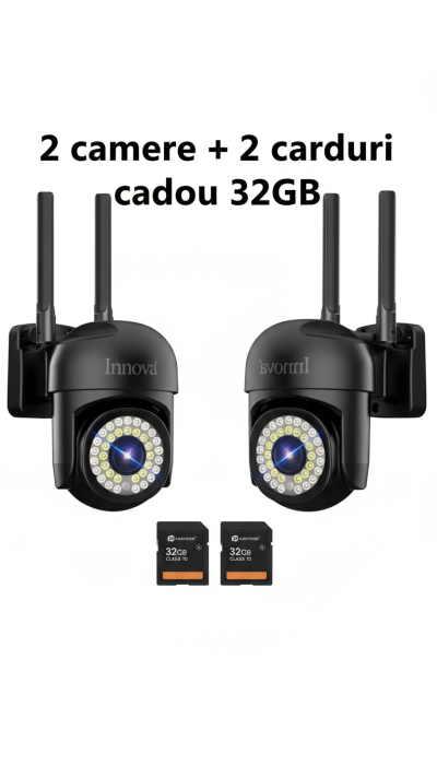 Black Friday - Pachet 2 x Cameră de Supraveghere Smart Innova, 36 LED-uri, HD, IP66 + 2 Carduri Cadou