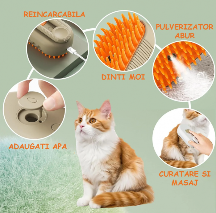 Pachet 1+1 Perie cu Abur pentru Animale de Companie, Indeparteaza Parul, Curatare,Maseaza , Maner Rotativ 360