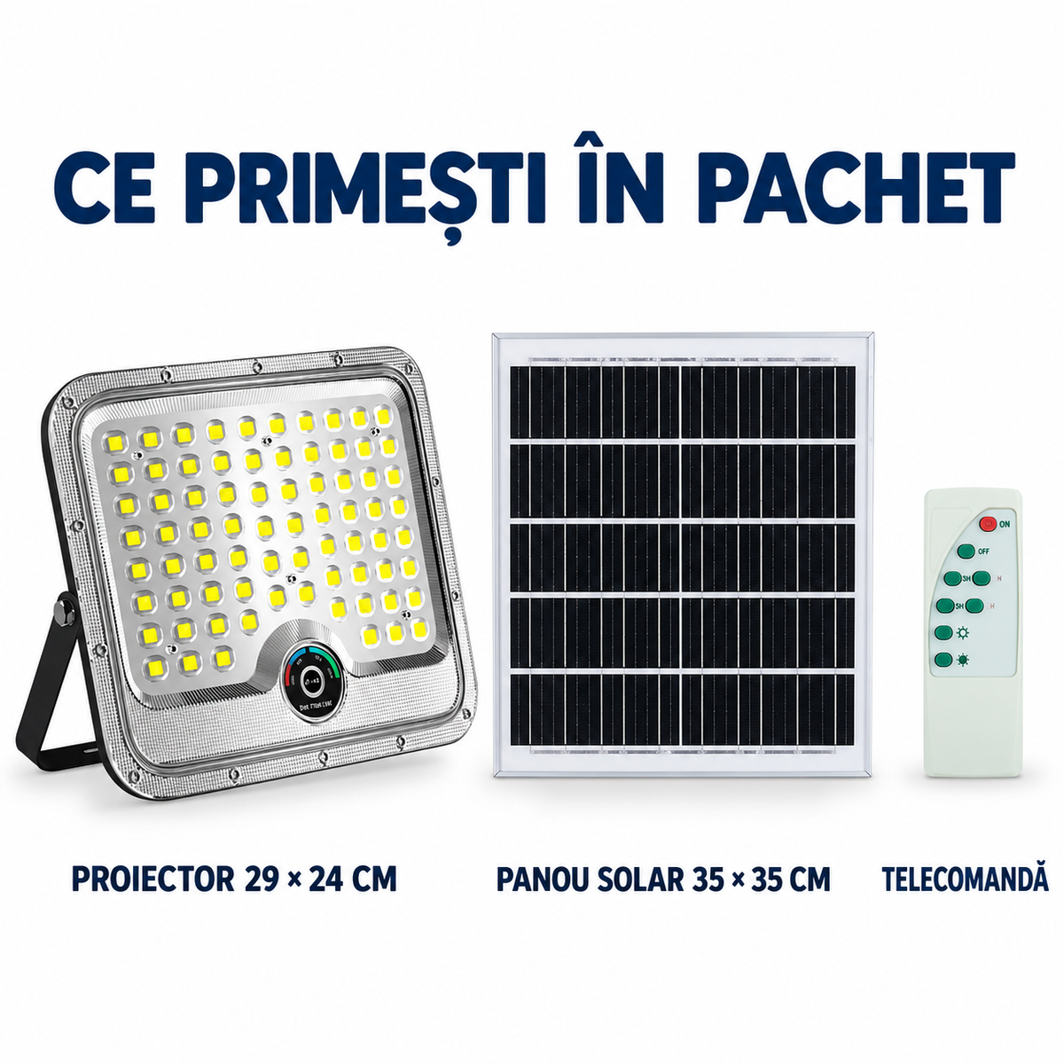 Conținutul pachetului: proiector Innova Hall, panou solar 35 × 35 cm și telecomandă
