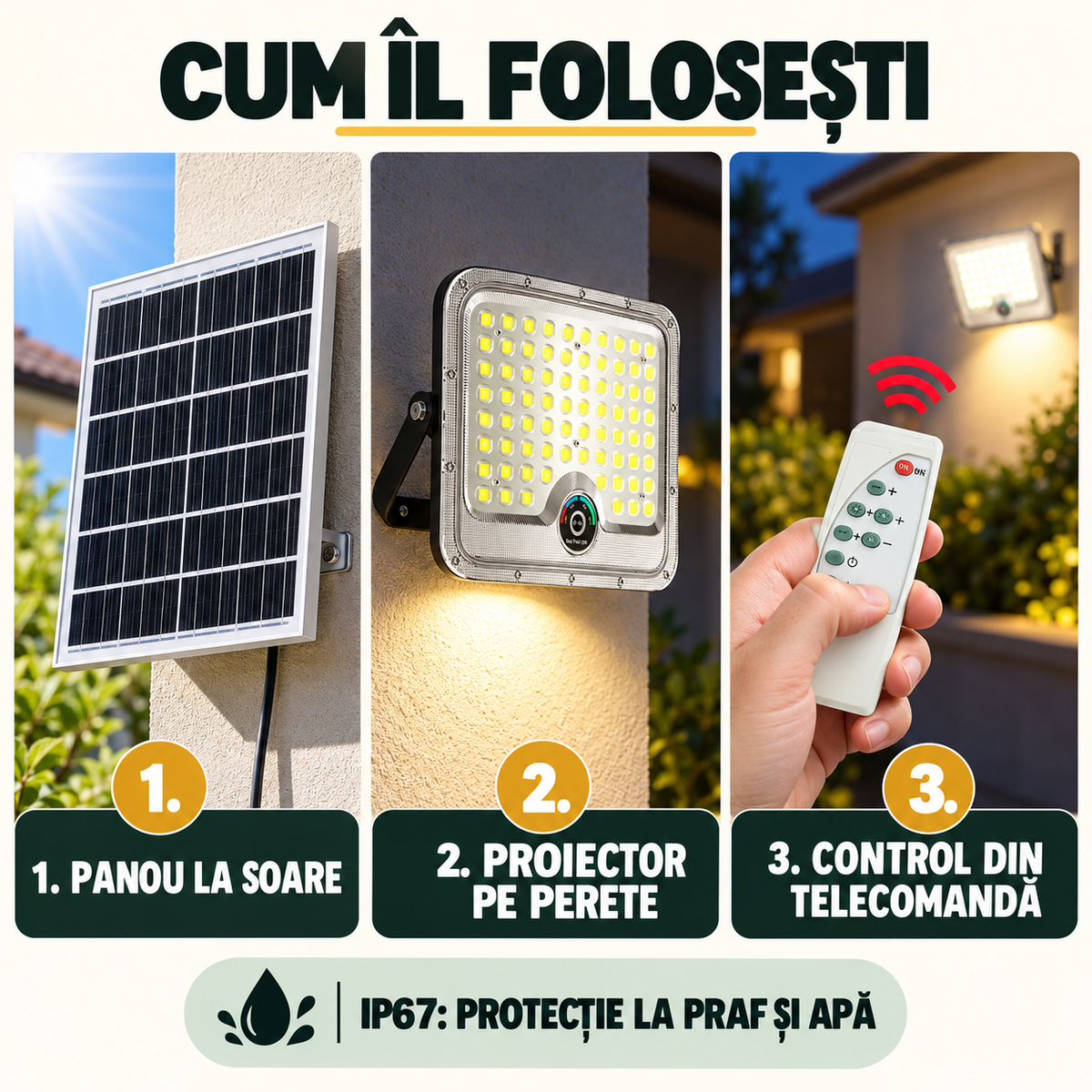 Proiector Solar LED 600W Innova Smart Home Hall, IP67, Panou Solar 35x35 cm și Telecomandă