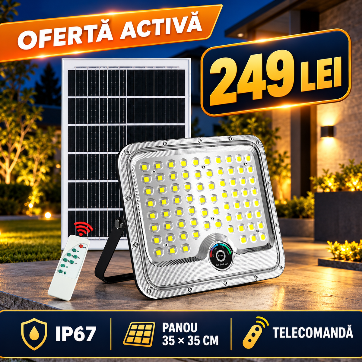 Proiector Solar LED 600W Innova Smart Home Hall, IP67, Panou Solar 35x35 cm și Telecomandă