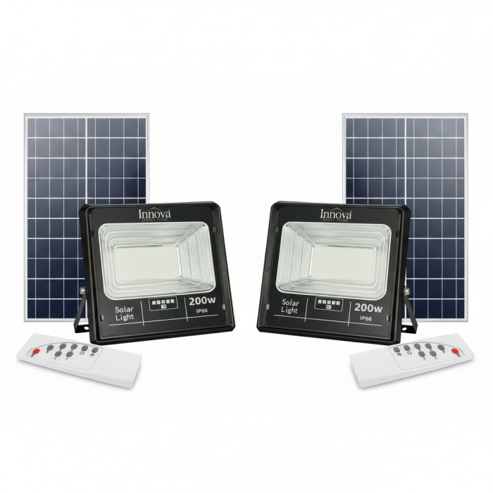 Set 2 x Proiector LED INNOVA 200W Cu Panou Solar si telecomanda, IP66 + Cadou Surpriza