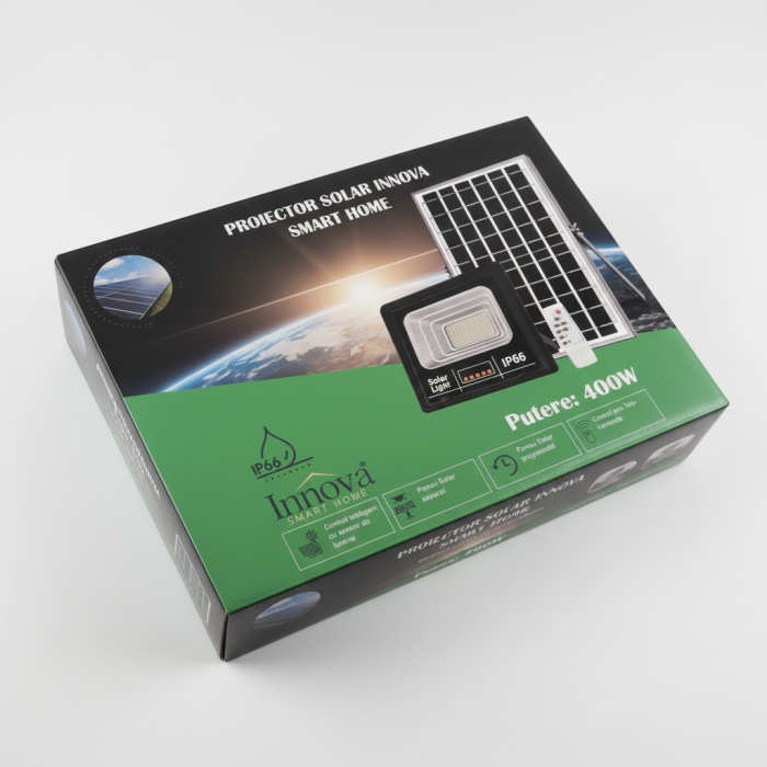 Proiector LED INNOVA 400W Cu Panou Solar si telecomanda, IP66 + Cadou Surpriza