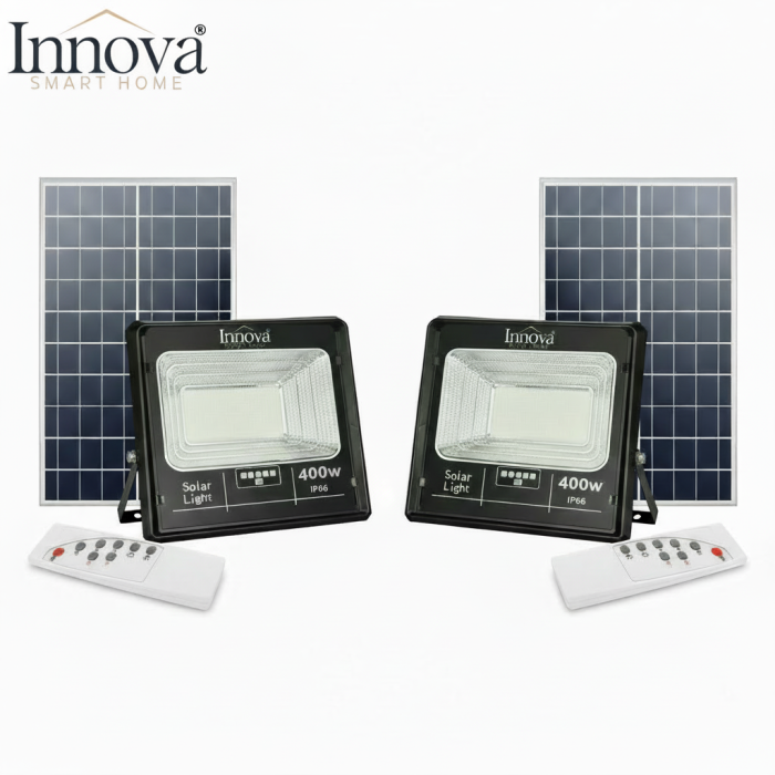 Set 2 x Proiector LED INNOVA 400W Cu Panou Solar si telecomanda, IP66 + Cadou Surpriza