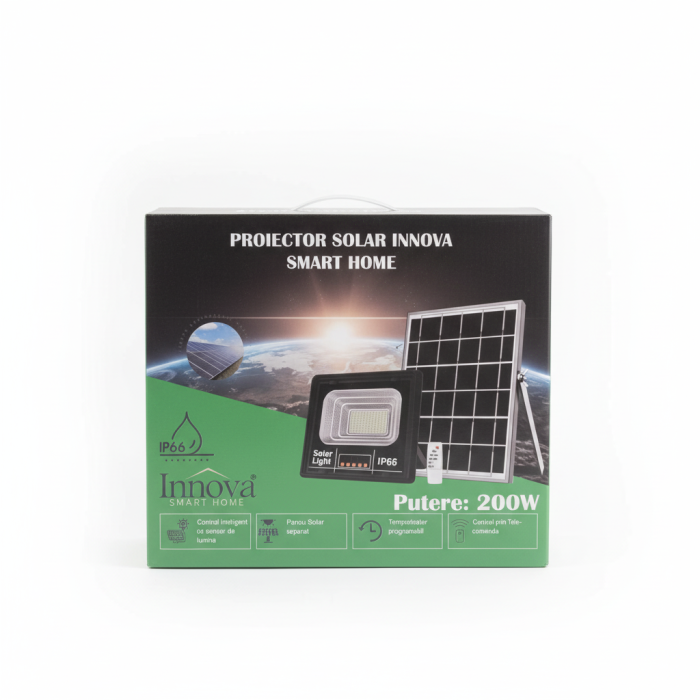Set 2 x Proiector LED INNOVA 200W Cu Panou Solar si telecomanda, IP66 + Cadou Surpriza
