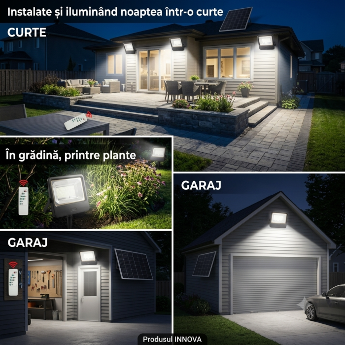 Proiector Solar LED 800W Innova Smart Home Cyborg, IP67, Panou Solar 35x35 cm și Telecomandă