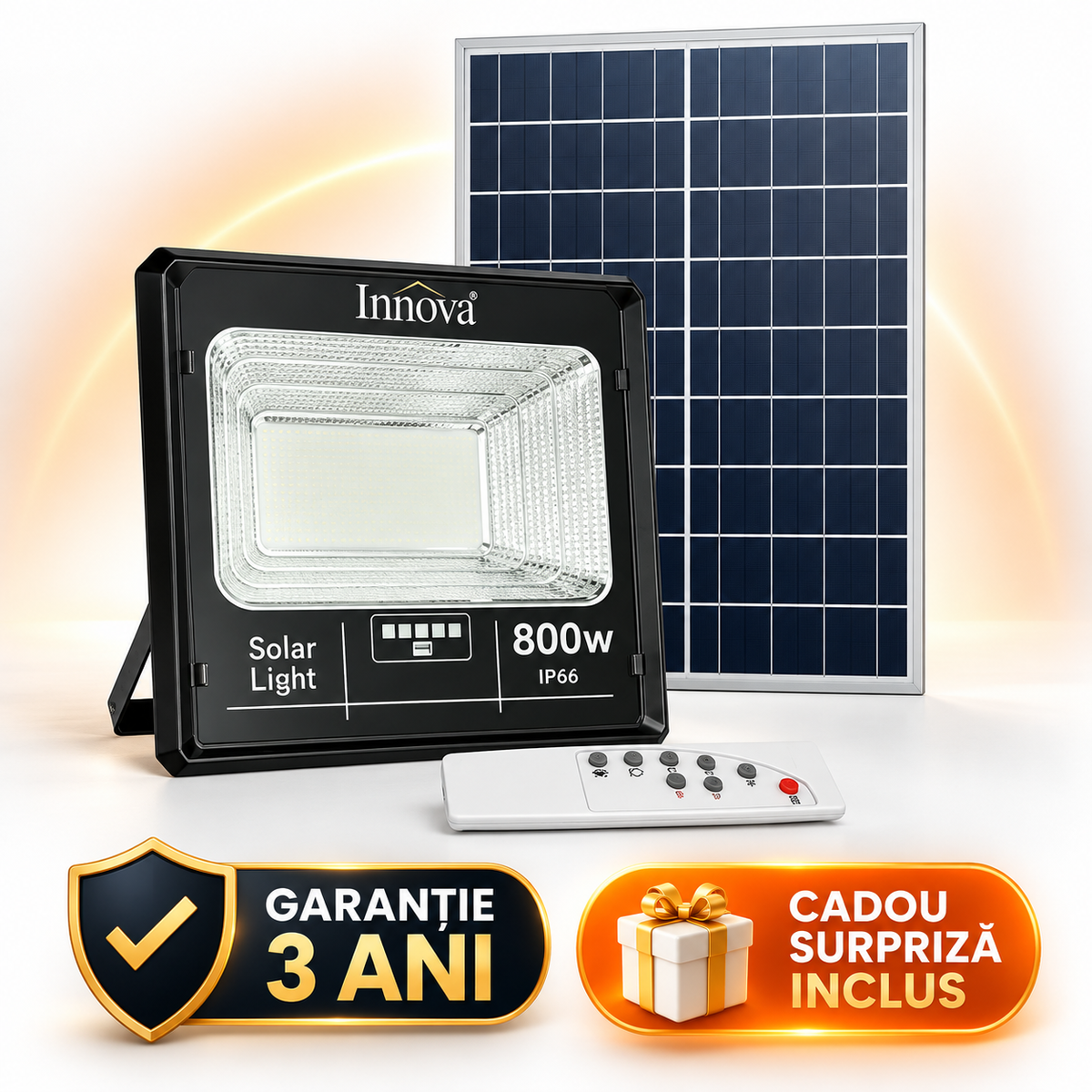Proiector LED INNOVA 800 W Cu Panou Solar si telecomanda, IP66 + Cadou Surpriza