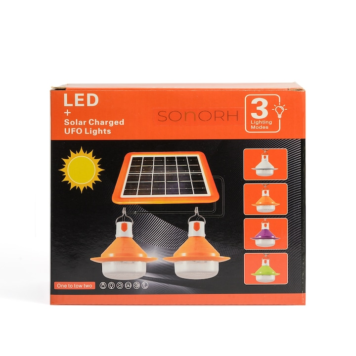 Lampa solara LED cu 2 becuri + panou solar, Pentru camping sau terasa