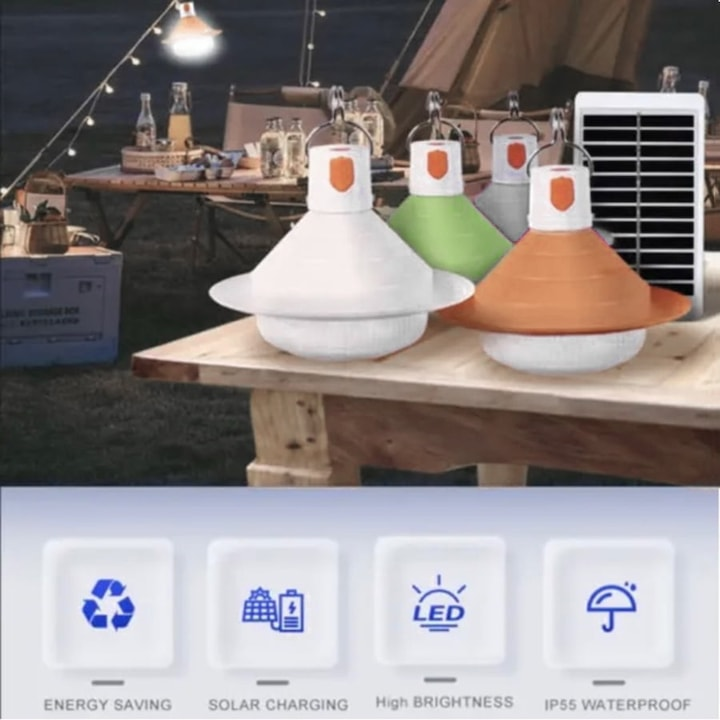 Lampa solara LED cu 2 becuri + panou solar, Pentru camping sau terasa