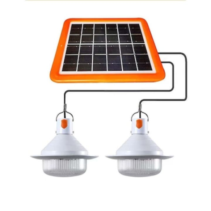 Lampa solara LED cu 2 becuri + panou solar, Pentru camping sau terasa