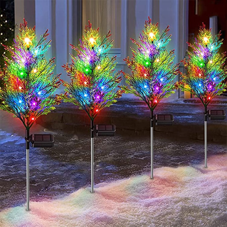Set 4 x Copaci Tuia Solari Decorativi cu 10 LED-uri Multicolore, 70 Ramuri, Înălțime 80 cm, Iluminare Automată cu Energie Solară