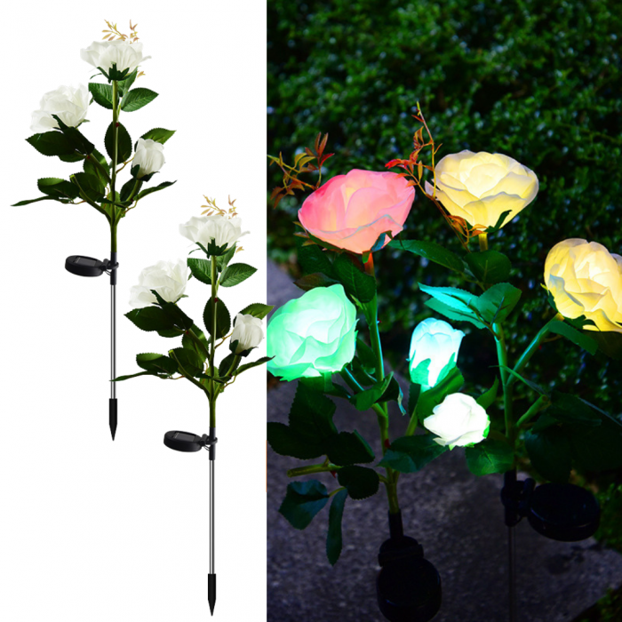Set 4 x Lampi Solare Trandafir cu 3 Flori LED – Decor Elegant de Gradina, Tarus si Panou Solar