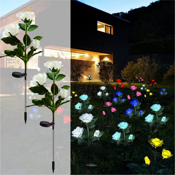 Set 4 x Lampi Solare Trandafir cu 3 Flori LED – Decor Elegant de Gradina, Tarus si Panou Solar
