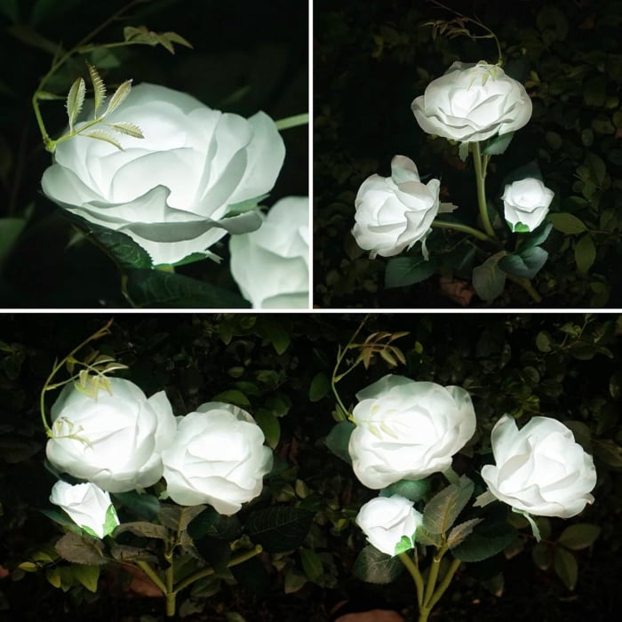 Set 4 x Lampi Solare Trandafir cu 3 Flori LED – Decor Elegant de Gradina, Tarus si Panou Solar