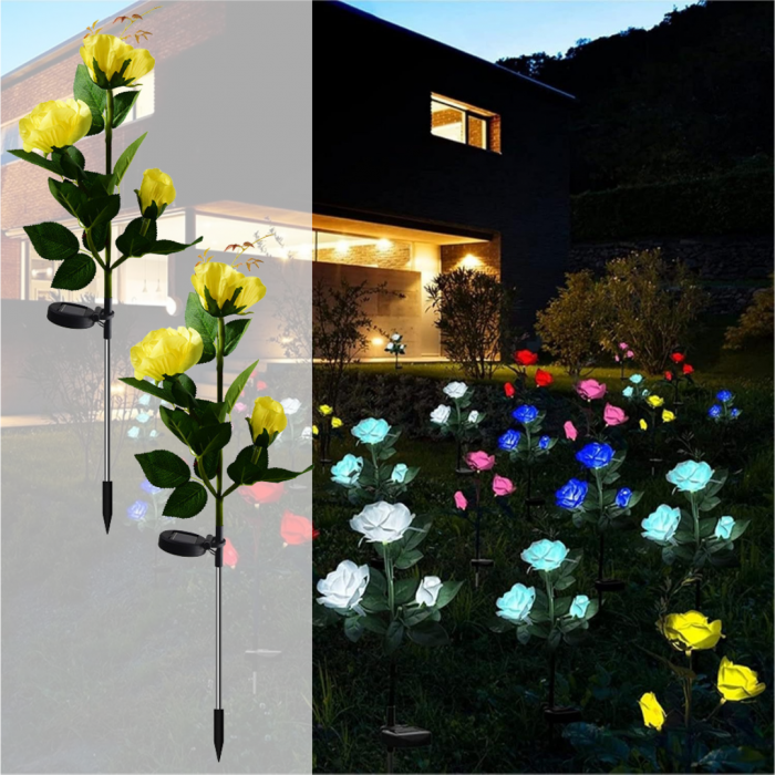 Set 4 x Lampi Solare Trandafir cu 3 Flori LED – Decor Elegant de Gradina, Tarus si Panou Solar
