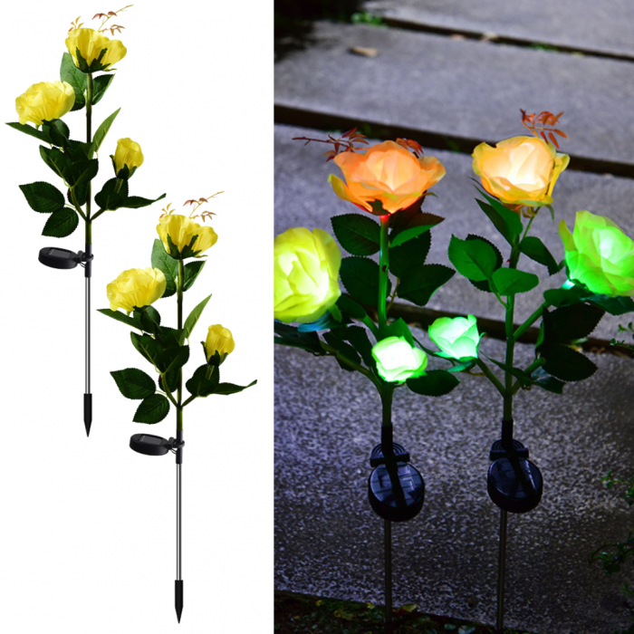 Set 2 x Lampi Solare Trandafir cu 3 Flori LED – Decor Elegant de Gradina, Tarus si Panou Solar