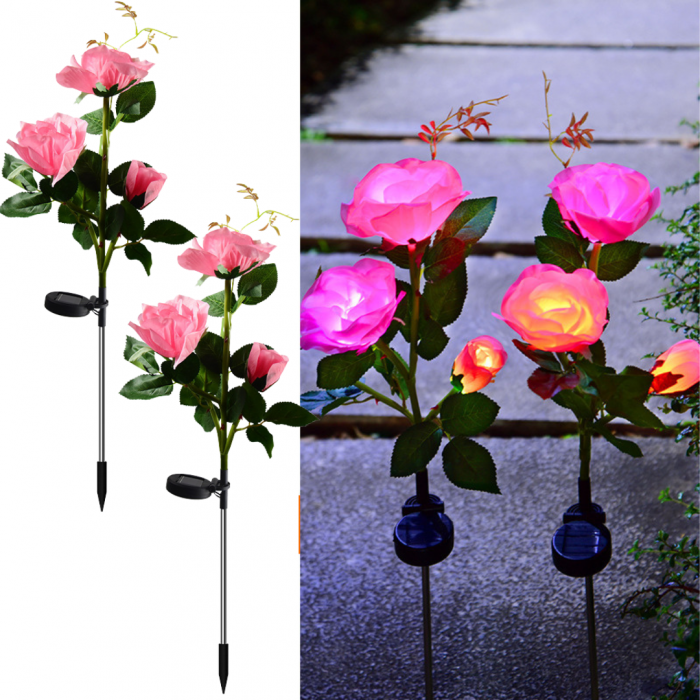 Set 2 x Lampi Solare Trandafir cu 3 Flori LED – Decor Elegant de Gradina, Tarus si Panou Solar