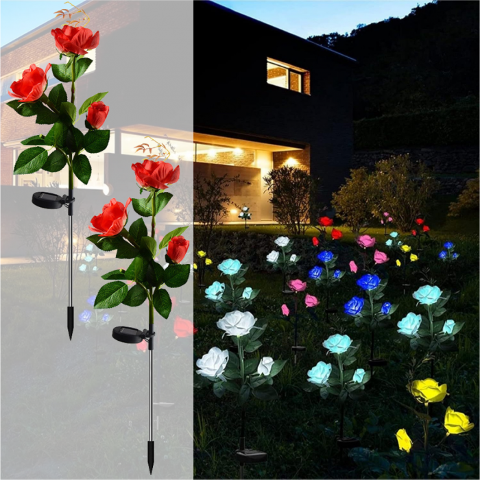 Set 4 x Lampi Solare Trandafir cu 3 Flori LED – Decor Elegant de Gradina, Tarus si Panou Solar