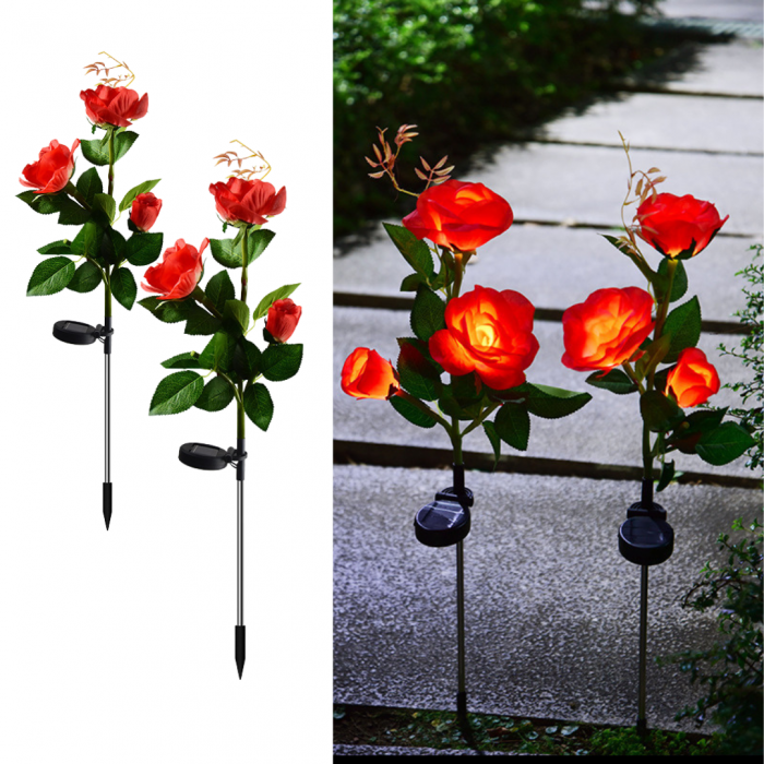 Set 4 x Lampi Solare Trandafir cu 3 Flori LED – Decor Elegant de Gradina, Tarus si Panou Solar