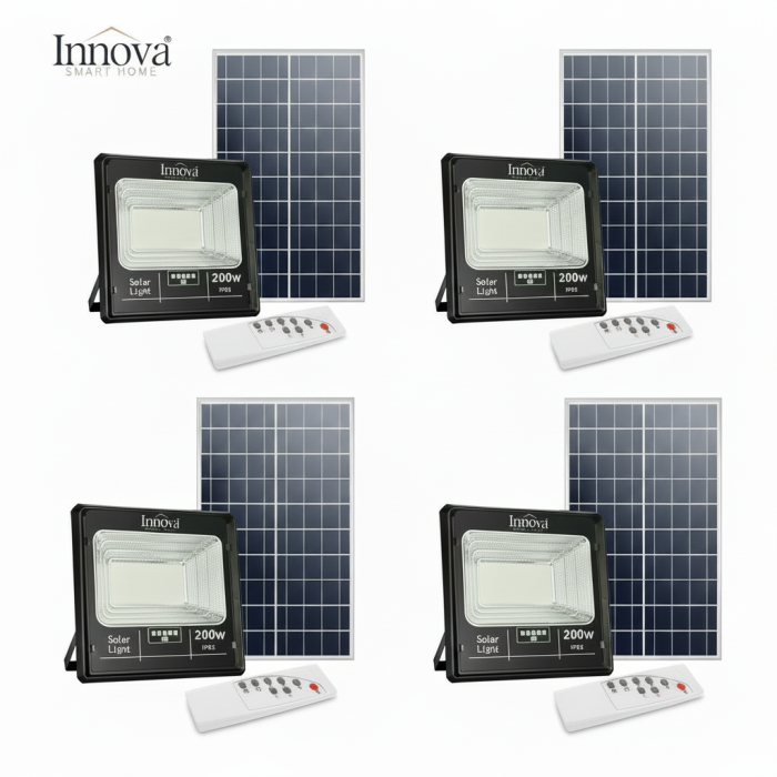 Set 4 x Proiector LED INNOVA 200W Cu Panou Solar si telecomanda, IP66 + Cadou Surpriza