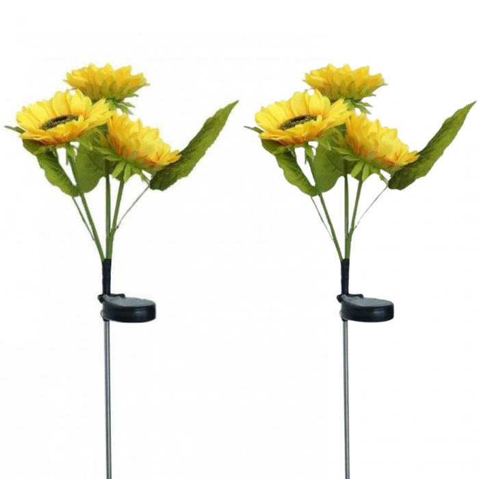 Set 4x Lămpi Solare LED pentru Grădină cu 6 Flori tip Floarea Soarelui, 10 Micro-LED-uri pe Floare, Înălțime 70 cm, Rezistente la Intemperii, IP65
