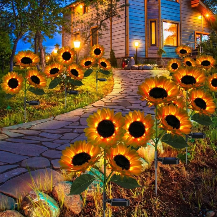 Set 4x Lămpi Solare LED pentru Grădină cu 6 Flori tip Floarea Soarelui, 10 Micro-LED-uri pe Floare, Înălțime 70 cm, Rezistente la Intemperii, IP65