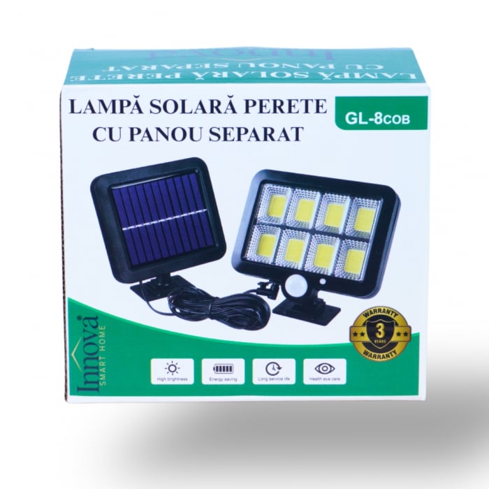 Set 4x Lampi Solare T9 INNOVA Smart Home, 160 LED COB, 8 Cadrane, Senzor Miscare, Panou Detașabil, IP66 + Telecomandă, Cadou + Garanție 3 Ani